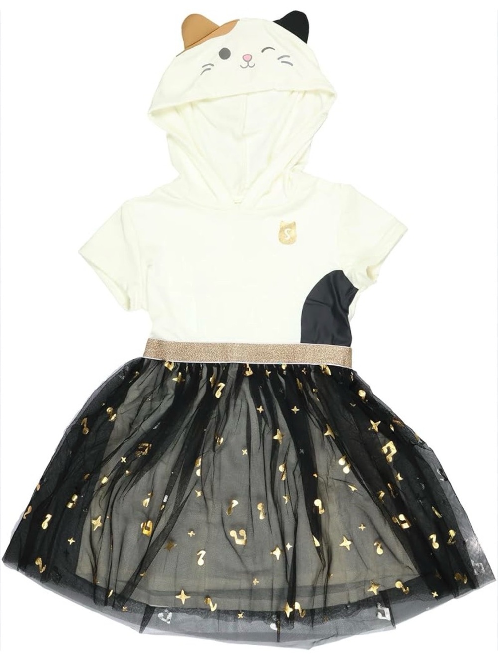 Squishmallows Cream Hooded Cat Dress with Black and Gold Tulle Skirt